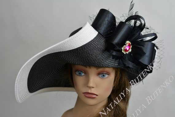 Black & White Striped Wide Brim Hat: Kentucky Derby, Tea  display picture 2