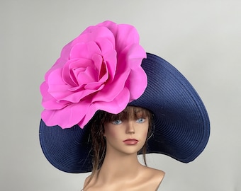 SALE Navy Blue Hot Pink Party Tea Kentucky Derby Hat Wedding Cocktail Hat Wide Brim