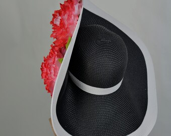 SALE Wide Brim Kentucky Derby Hat: Black, White & Red Floral  display picture 2