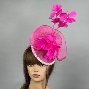 SALE Hot Pink Sinamay Kentucky Derby  Fascinator Headband Wedding Hat Cocktail Hat Tea Party Church Hat Wedding Hat Woman Hat