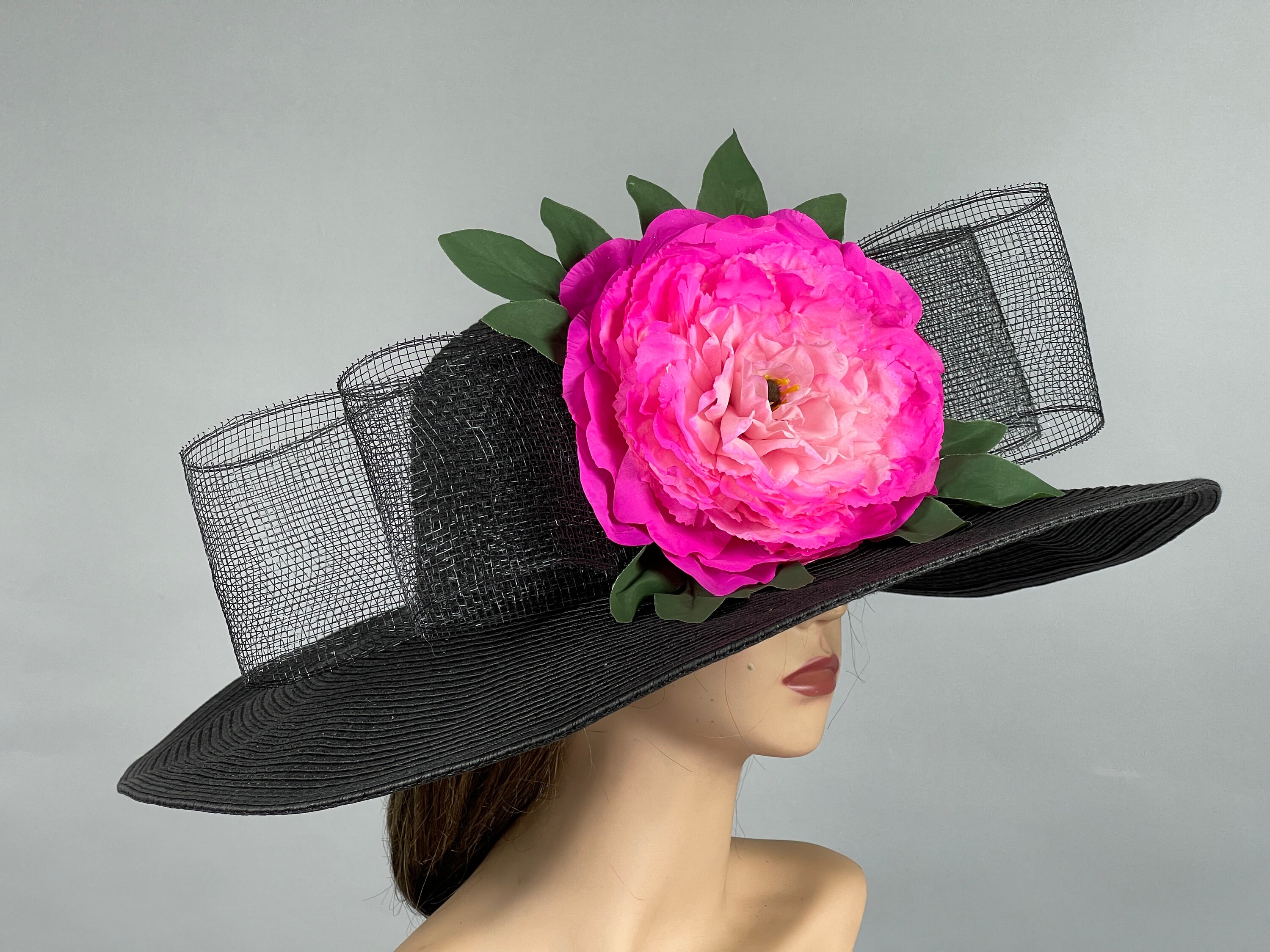 SALE Black Kentucky Derby Hat: Hot Pink Floral Wide Brim 