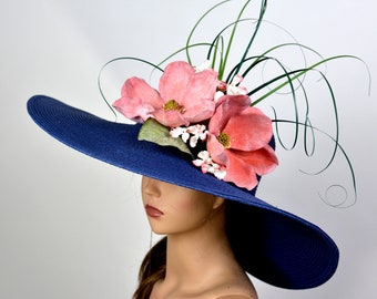 SALE Navy Blue Magnolia Wedding Hat: Wide Brim Kentucky Derby Hat