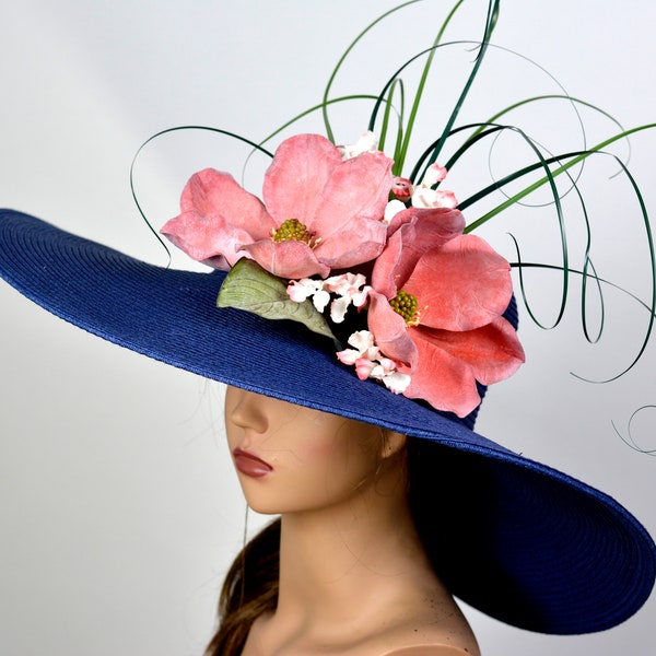 Navy Blue Magnolia Wedding Hat Kentucky Derby Church Wedding Cocktail Woman Wide Brim Sun Hat