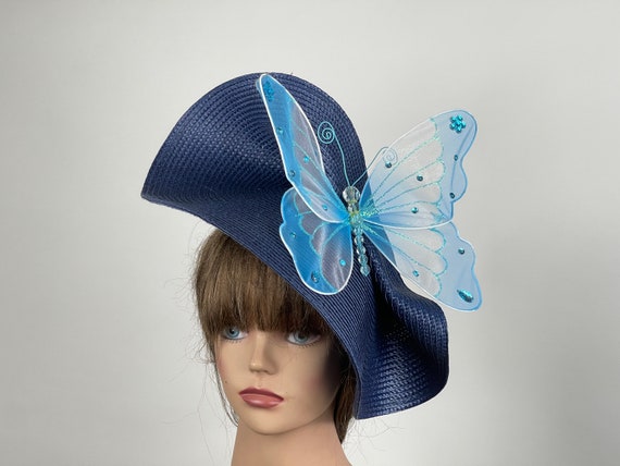 handmade Kentucky Derby Fascinator, Hat Headband with feathers & butterfly Aimee Fuller Kentucky Derby Hat Butterfly Fascinator Royal  main image 2