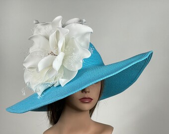 SALE Turquoise Blue Hat Party Tea Kentucky Derby Hat Wedding Cocktail Hat Wide Brim White Flower Rose