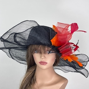 SALE Black Red Orange Sinamay Straw Kentucky Derby  Wedding Cocktail Hat Tea Party Church Hat Wedding Hat Woman Hat Wide Brim