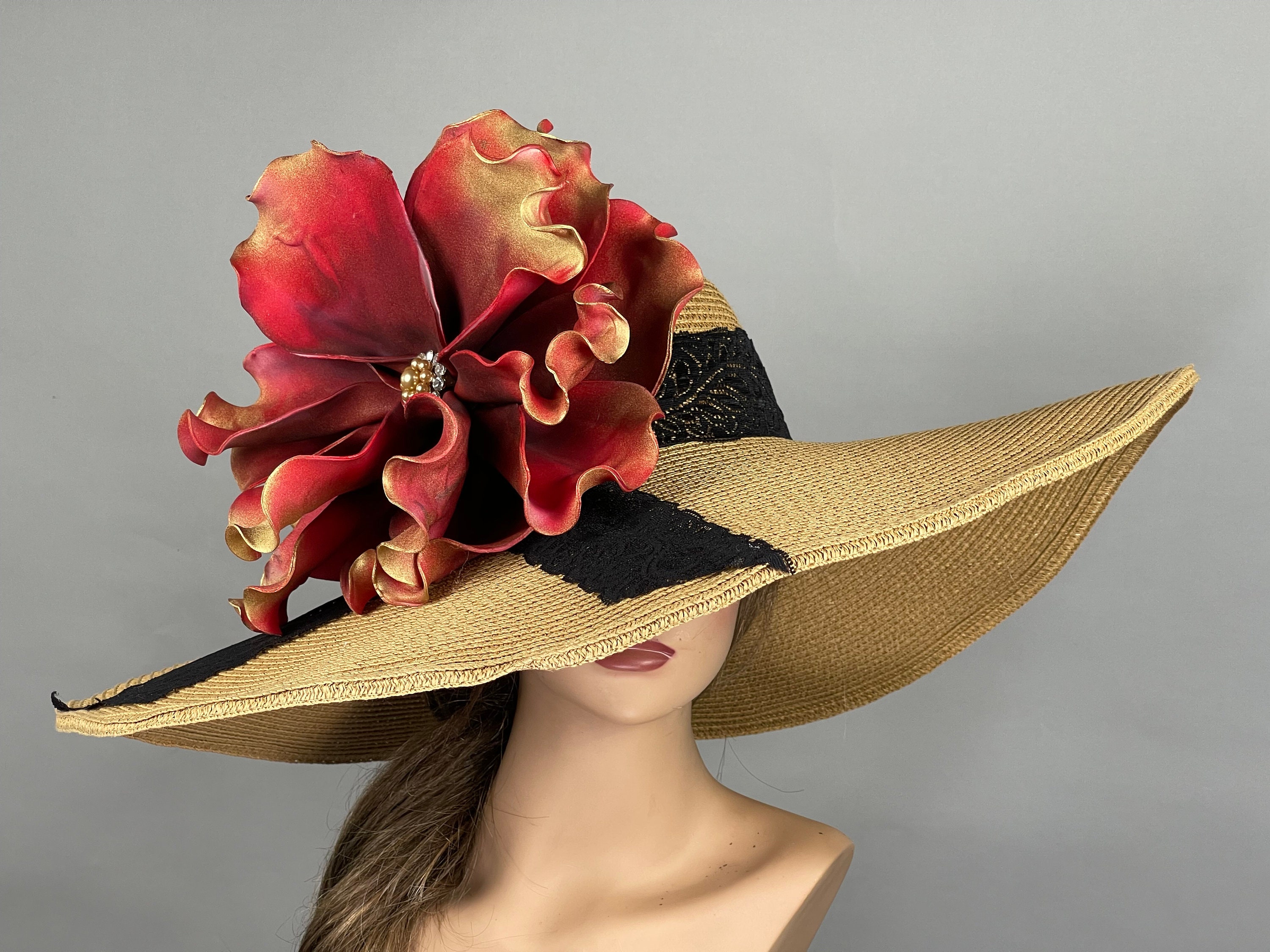 Kentucky Derby Hat Sugar Magnolia Wide Brim Garden Party Elegant Showstopper Cream Tulle Kentucky Derby Hat: Floral Feather Wide Brim - Etsy main image 2