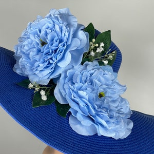 SALE Woman Blue Hat Party Tea Kentucky Derby Hat Wedding Cocktail Hat Wide Brim Flowers zdjęcie 3