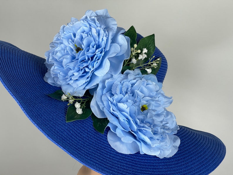 SALE Woman Blue Hat Party Tea Kentucky Derby Hat Wedding Cocktail Hat Wide Brim Flowers zdjęcie 3