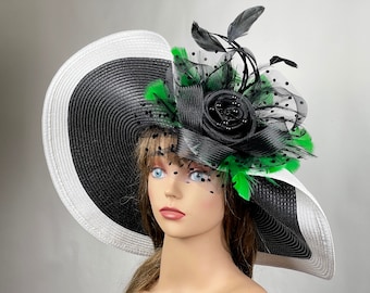 Black White Green Woman Party  Kentucky Derby Hat Tea Hat Wedding Accessory Cocktail Party Hat Church Hat Wide Brim