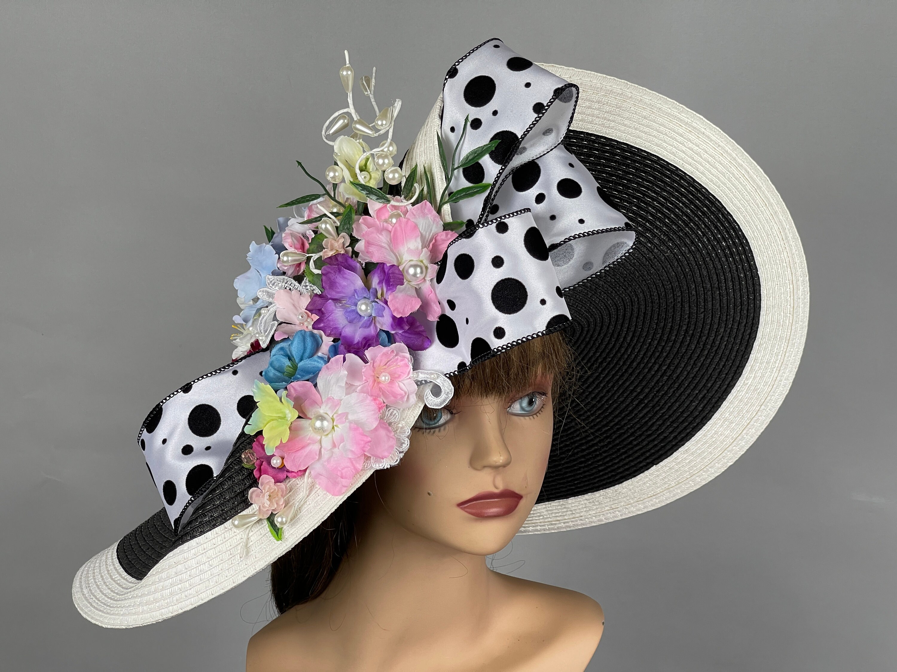 White Wide-Brim Hat with Black Flower Accent! Kentucky Derby Hat! SALE Black & White Kentucky Derby Hat: Floral Wide Brim Tea  main image 2
