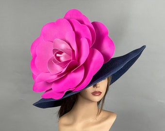 SALE Navy Blue Hot Pink Party Tea Kentucky Derby Hat Wedding Cocktail Hat Wide Brim