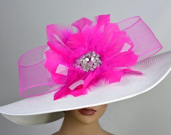 DERBY SALE White Fuchsia Woman Party Hat Kentucky Derby Hat Tea Hat Wedding Accessory Cocktail Party Hat Church Hat