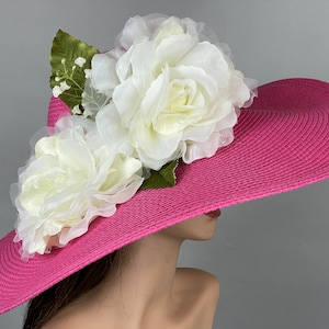 SALE Hot Pink Ivory Floppy Wedding Kentucky Derby Hat Tea Party Hat Royal Hat Wedding Summer Hat Cocktail Hat Wide Brim