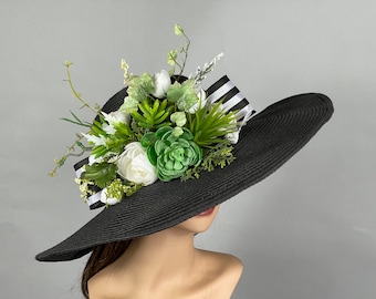 SALE Black Suculentus Wedding  Kentucky Derby  Bridal Hat Tea Party Hat Royal Hat Wedding Summer Hat Cocktail Hat Wide Brim