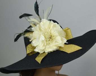SALE Black Ivory Gold Wedding  Kentucky Derby Hat Bridal Hat Tea Party Hat Royal Hat Wedding Summer Hat Cocktail Hat Wide Brim