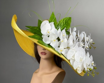 SALE Huge Over Size Yellow White Orchids Wedding Kentucky Derby Hat Cocktail Over Size Hat Party Church Woman Hat Party Wide Brim