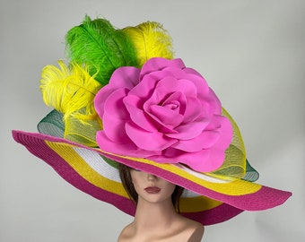SALE Over Size 10" Multicolor  Big Bow Wedding  Kentucky Derby Hat Tea Hat Cocktail Woman Hat Horse Racing Wide Brim