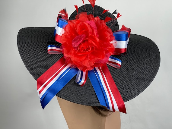 Wide Brim Kentucky Derby Hat: Black, Red, White & Blue  display picture 1