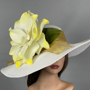 SALE Off White Yellow Derby Woman Kentucky Derby Horse Racing Party Event Hat Tea Party Hat Wide Brim image 1