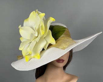 SALE Off White Gelb Derby Frau Kentucky Derby Pferderennen Party Event Hut Teeparty Hut Breite Krempe