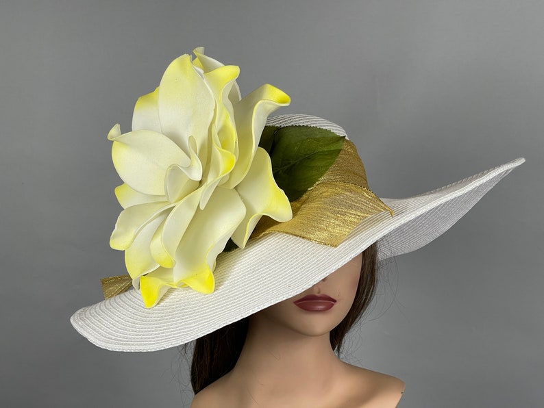 SALE Off White Yellow Derby Woman Kentucky Derby Horse Racing Party Event Hat Tea Party Hat Wide Brim image 1