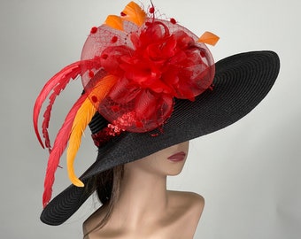SALE Black Red Derby Woman  Kentucky Derby Horse Racing  Party Event Hat Tea Party Hat Wide Brim