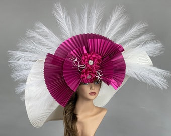 VENTA Más Tamaño 10" Ala Blanco Gran Boda Kentucky Derby Té Sombrero Cóctel Verano Mujer Sombrero Carreras de Caballos Enorme Sombrero Grande