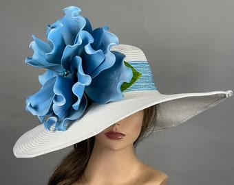 Sale Off White Blue Wedding Kentucky Derby  Wedding Cocktail Woman Bride Hat Barmitsva Party Church Hat