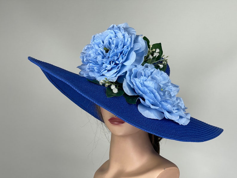 SALE Woman Blue Hat Party Tea Kentucky Derby Hat Wedding Cocktail Hat Wide Brim Flowers zdjęcie 5