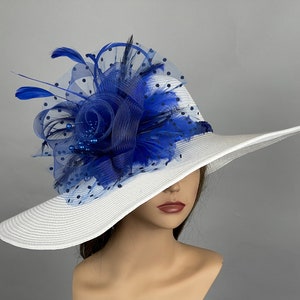 Sale Off White Blue Wedding Kentucky Derby Wedding Cocktail Woman Bride Hat Barmitsva Party Church Hat