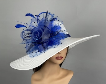 Sale Off White Blue Wedding Kentucky Derby Wedding Cocktail Woman Bride Hat Barmitsva Party Church Hat