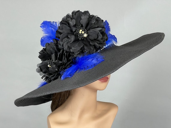 SALE Black Derby Hat: Silver, Blue Flowers, Wide Brim Church  display picture 3
