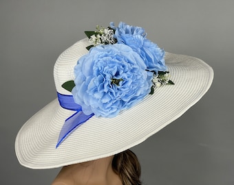 VENTE blanc bleu femme fête Kentucky Derby chapeau de thé mariage cocktail chapeau église chapeau large bord