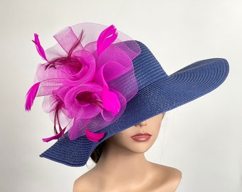 SALE Woman Navy Blue Hot Pink Hat Floppy Hat Party Hat Kentucky Derby Tea Wedding Cocktail Party Hat Church Hat Floppy Brim
