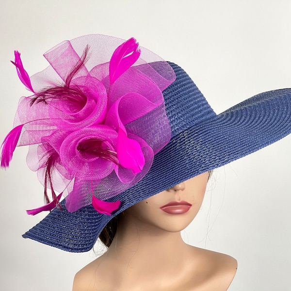 SALE Woman Navy Blue Hot Pink Hat Floppy Hat Party Hat Kentucky Derby Tea Wedding Cocktail Party Hat Church Hat Floppy Brim