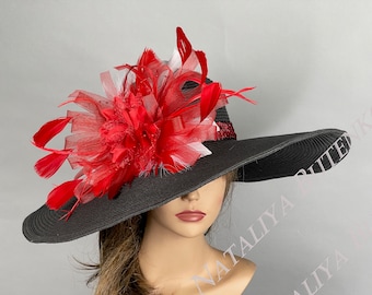 OFERTA Sombrero Kentucky Derby negro: Sombrero Ascot de boda con plumas rojas