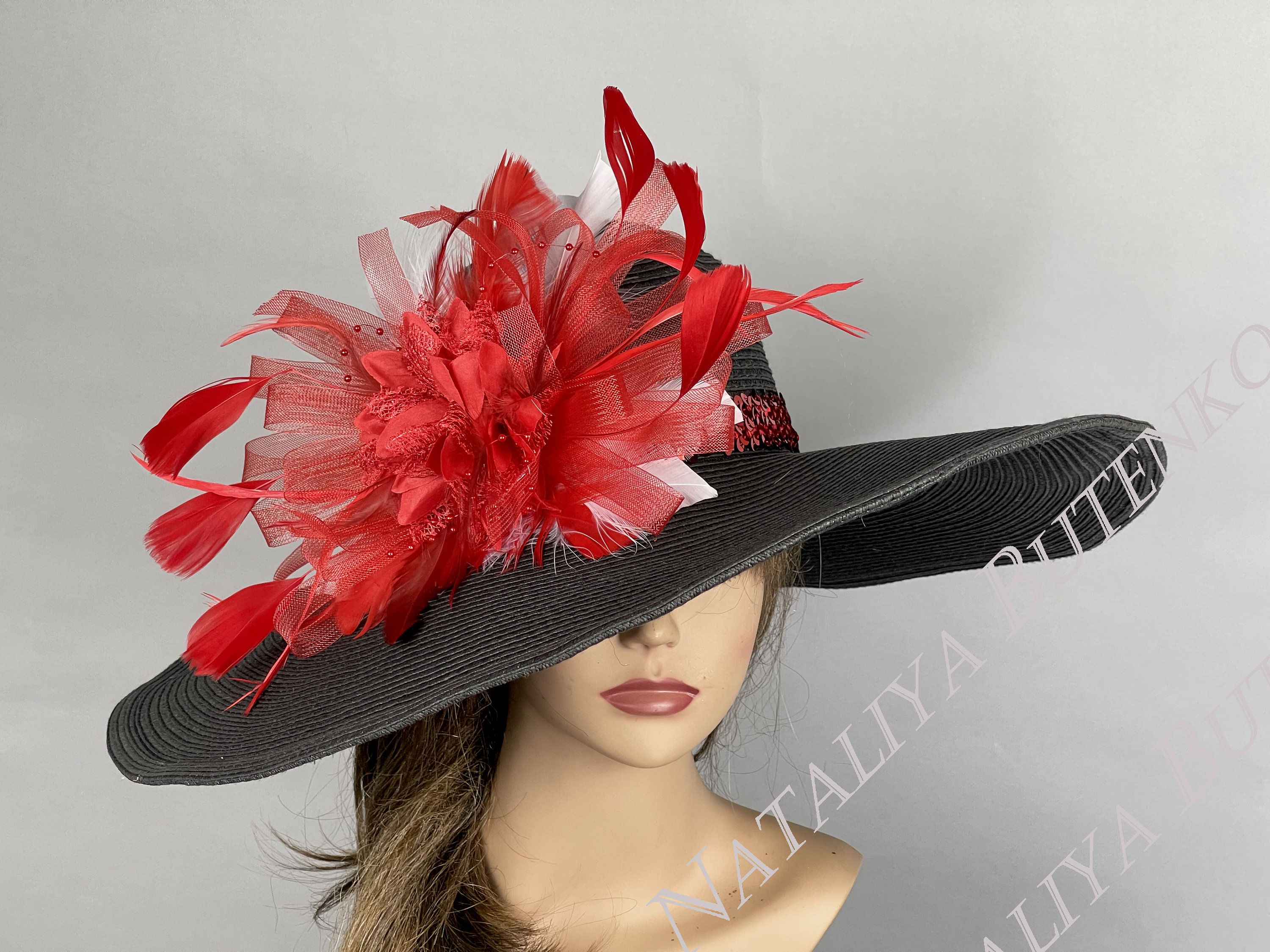 SALE Black Kentucky Derby Hat: Red Feather Wedding Ascot Hat 