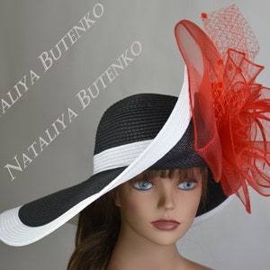 SALE Black White Red Derby Woman  Kentucky Derby Horse Racing  Party Event Hat Tea Party Hat Wide Brim