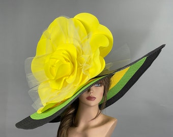 SALE Over Size 10" Brim Green Yellow Big  Wedding  Kentucky Derby Hat Tea Hat Cocktail Summer Woman Hat Horse Racing Big Hat Wide Brim