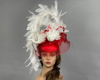VENTE Mariage Wite Red Birds Kentucky Derby Bride Hat Tea Party Hat Fascinator Mariage Cocktail Hat