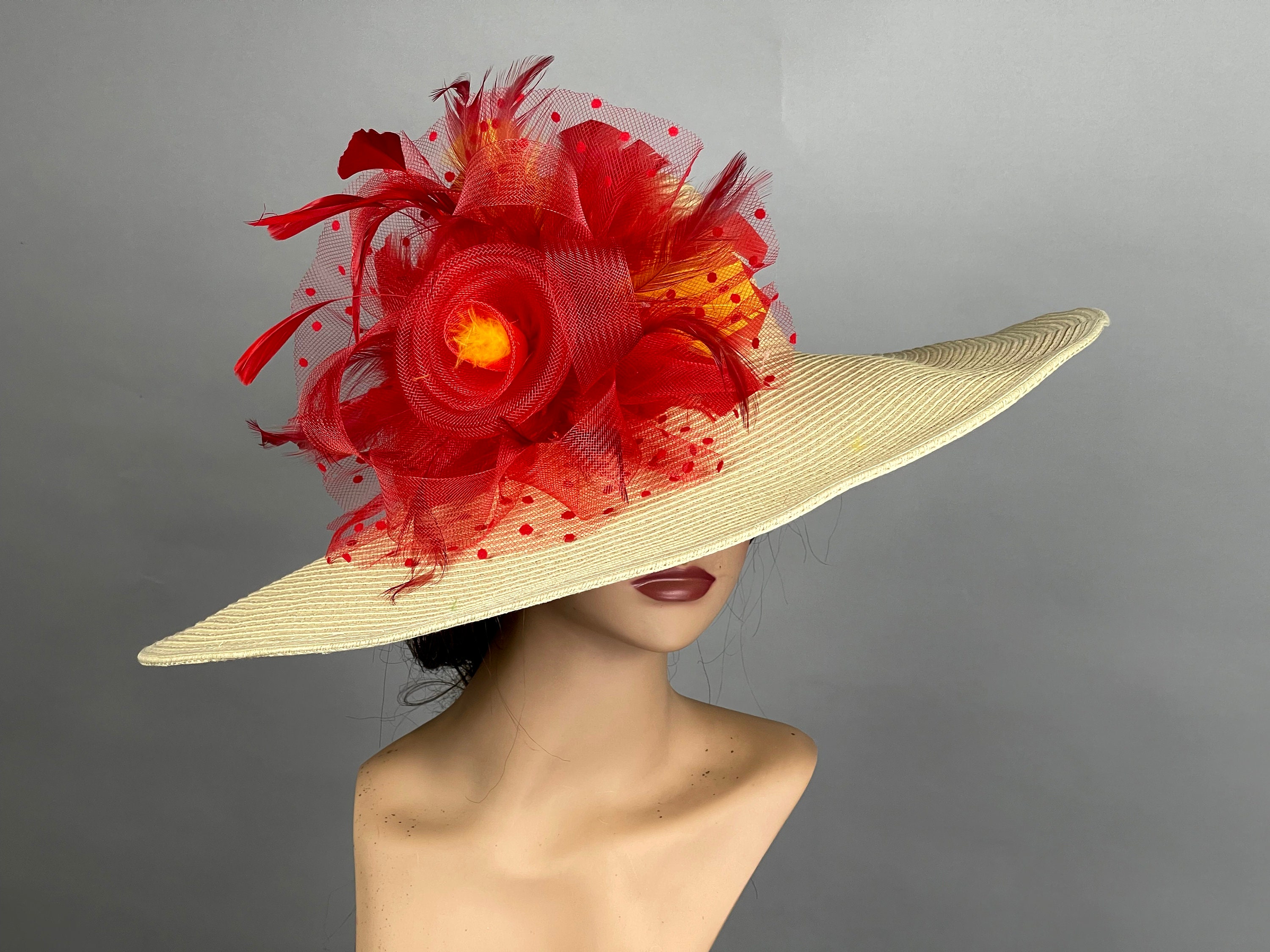 Wide Brim Kentucky Derby Hat: Red Floral Tea Party Hat - Etsy display picture 2
