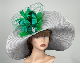 VERKOOP grijs groen partij thee Kentucky Derby hoed bruiloft cocktail hoed brede rand