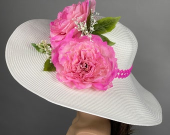 Sale Off White Hot Pink Wedding Kentucky Derby  Wedding Cocktail Woman Bride Hat Barmitsva Party Church Hat