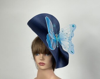 SALE Navy Butterfly Fascinator: Kentucky Derby Party Headband Church Woman Hat