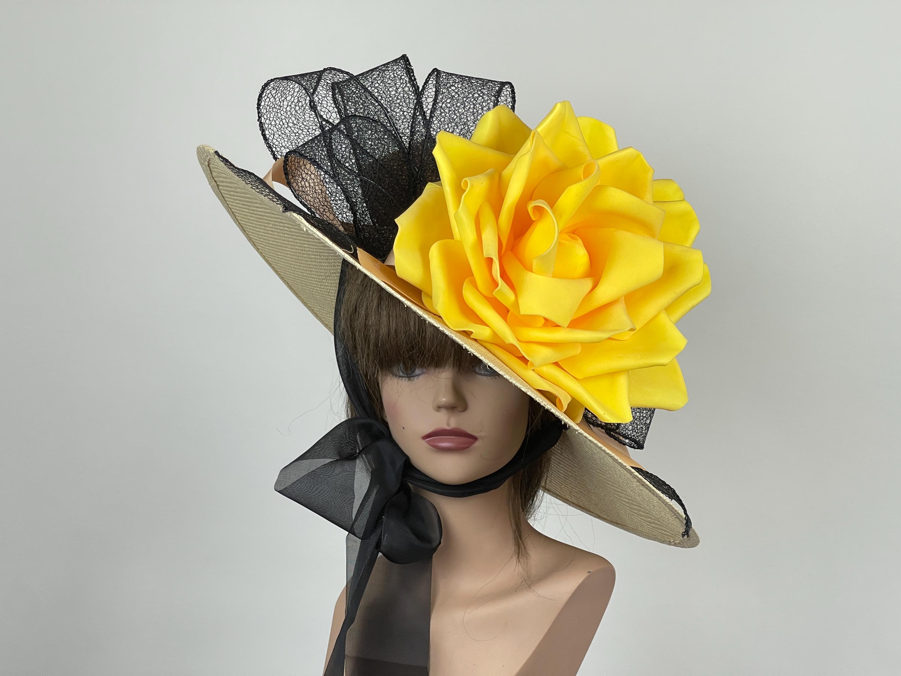 Wide Brim Straw Derby Hat: Yellow Rose Tea Party Wedding  display picture 2
