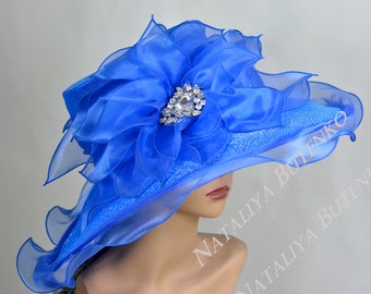 SALE Blue Organza Wedding  Kentucky Derby   Wedding  Cocktail Hat Tea Party Church Hat Wide Brim