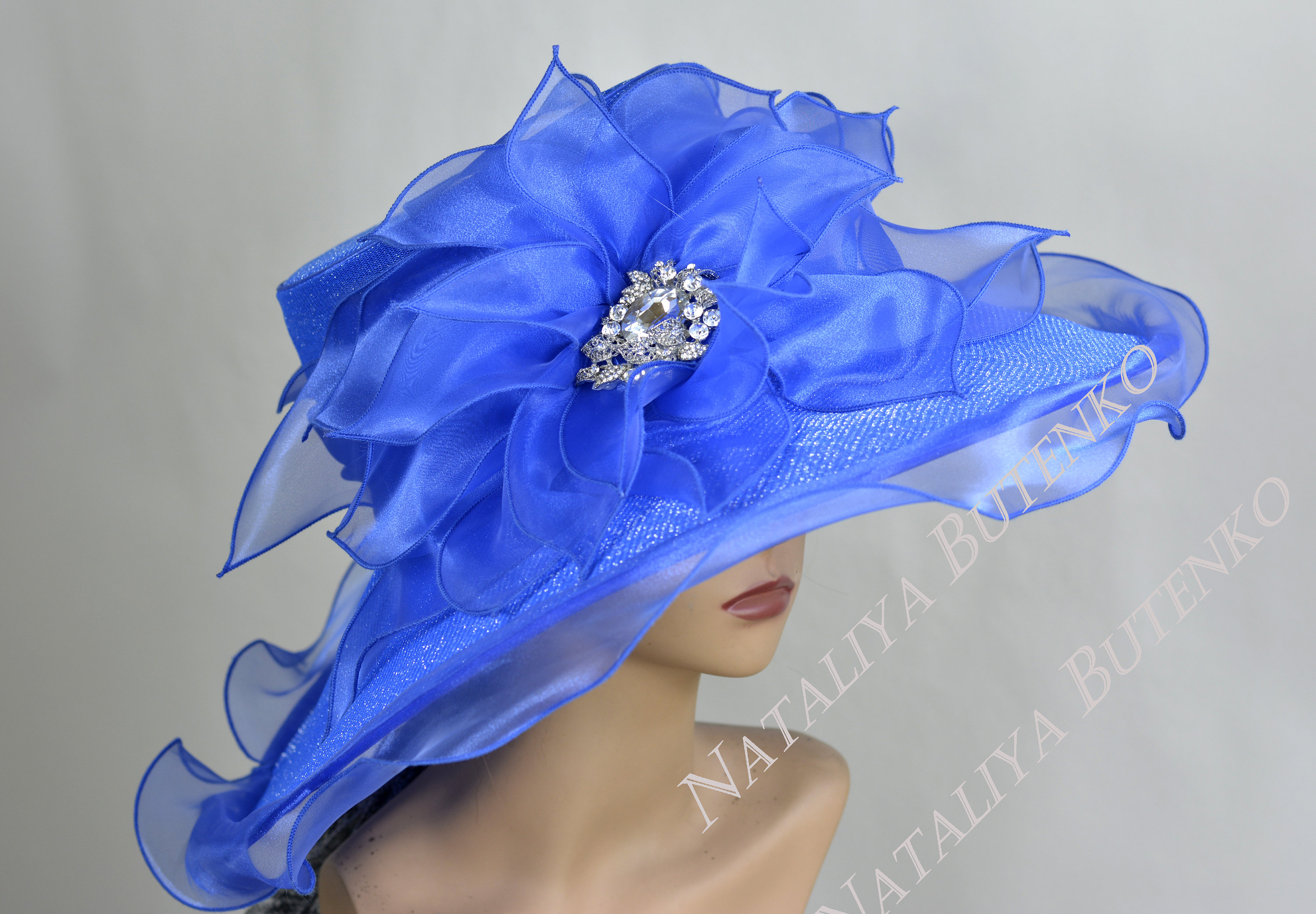 SALE Blue Organza Kentucky Derby Hat: Wide Brim Wedding Tea 