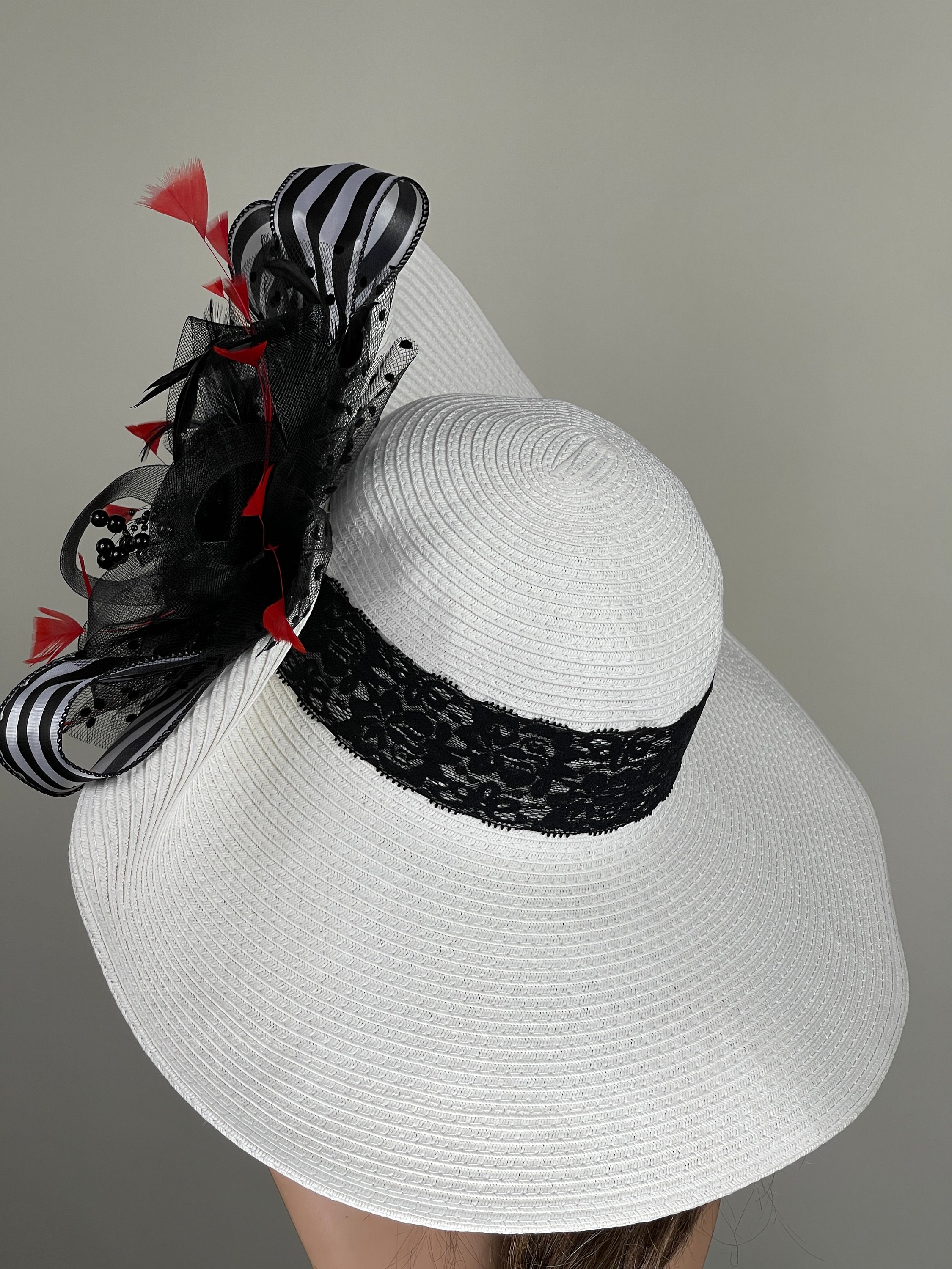 SALE Wide Brim Kentucky Derby Hat: off White, Black Ribbon  display picture 3