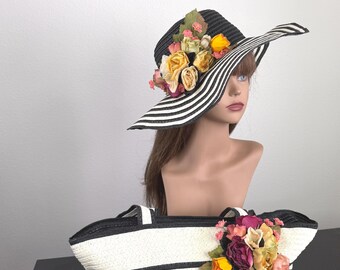 Striped Beach Hat & Tote Bag Set: Woven Sun Hat, Nautical  display picture 3